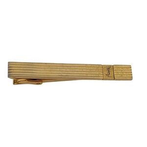 Yves Saint Laurent Vintage Gold Tone Ribbed Tie Bar YSL Logo Clip Accessory